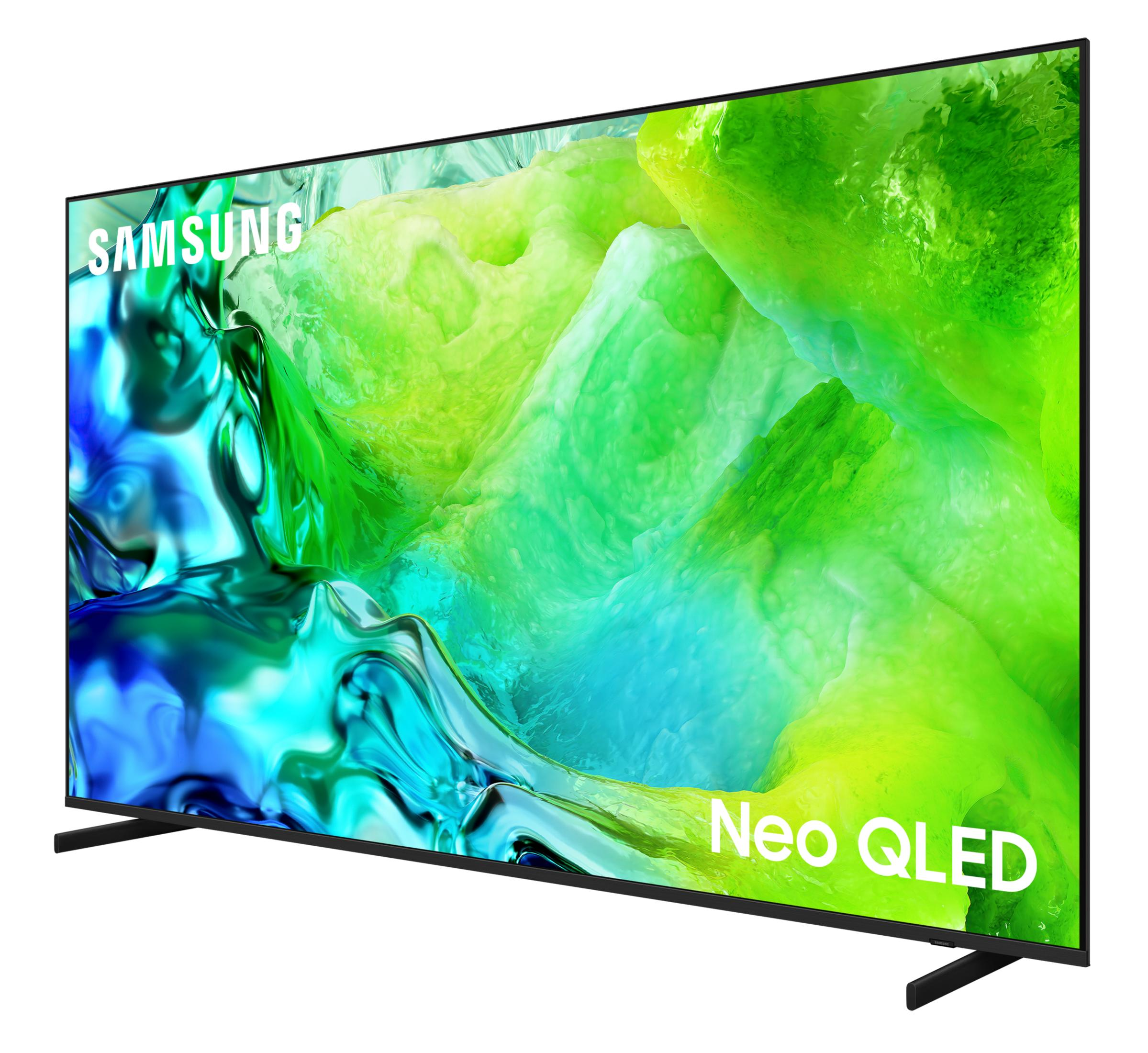 Un televisore Samsung Neo QLED mostra vibranti opere d'arte astratte verdi e blu.