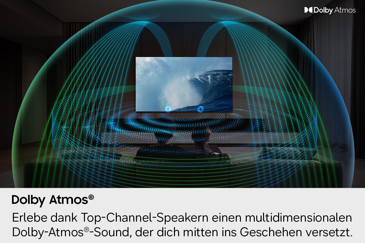Un soggiorno mostra una TV e una cupola di onde audio blu e verdi.