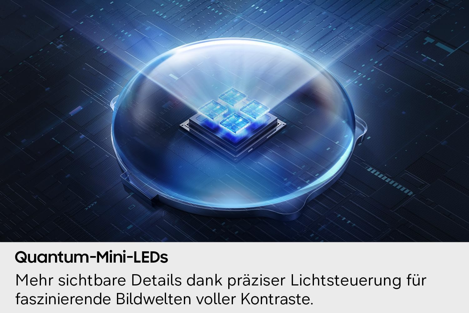 Quantum Mini LED blu sotto una cupola di vetro su un circuito stampato con testo.