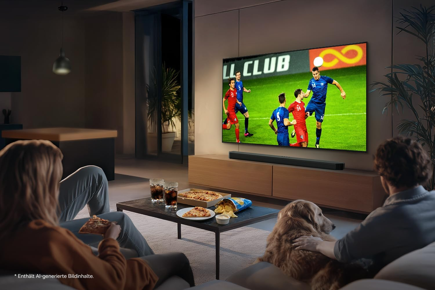 Una coppia guarda una partita di calcio in TV con il cane, pizza e bevande sul tavolo.