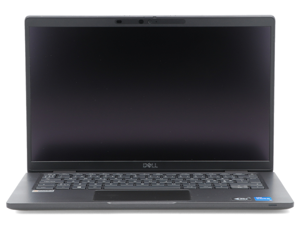 Otwarty czarny laptop Dell pokazujący ekran i klawiaturę na białym tle.