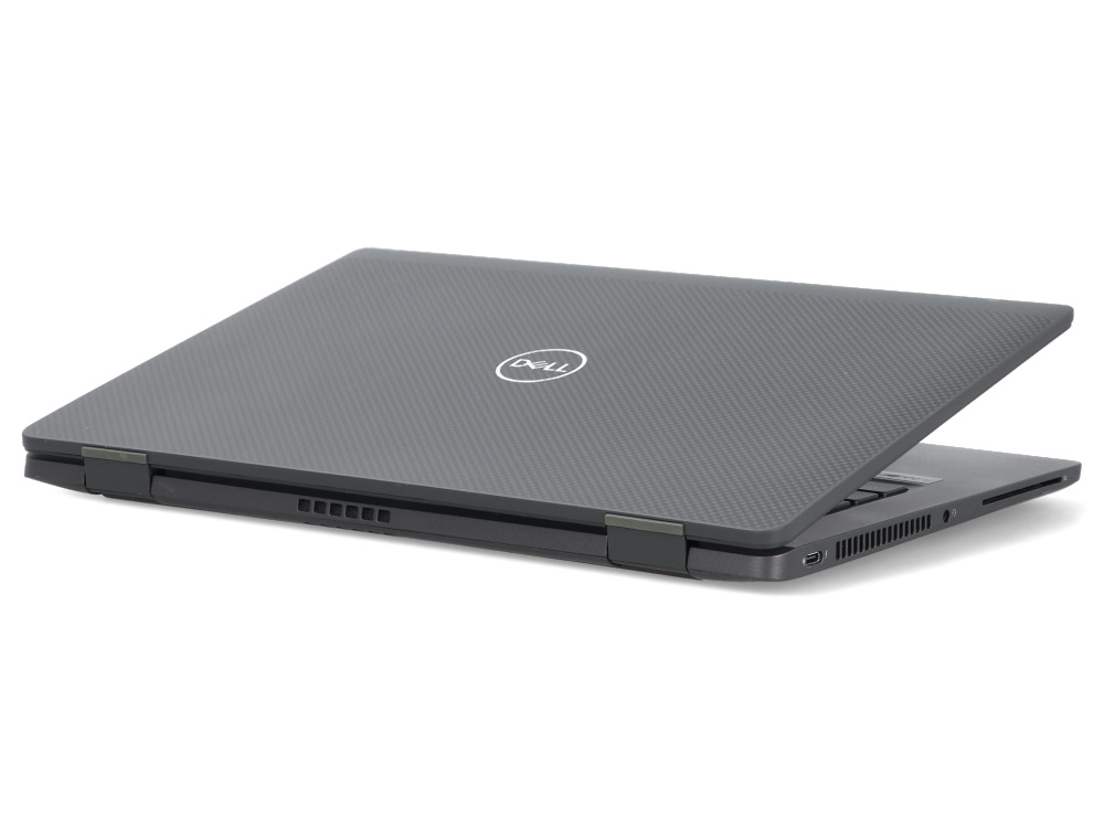 Zamknięty, ciemnoszary laptop Dell widziany z boku i z tyłu, z teksturowaną pokrywą i logo Dell.