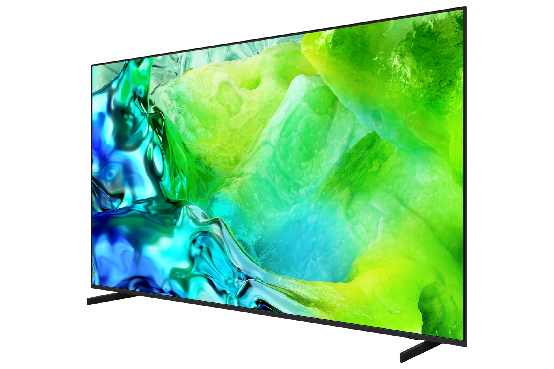 Televisore a schermo piatto con un'immagine astratta colorata nei toni del verde e del blu.