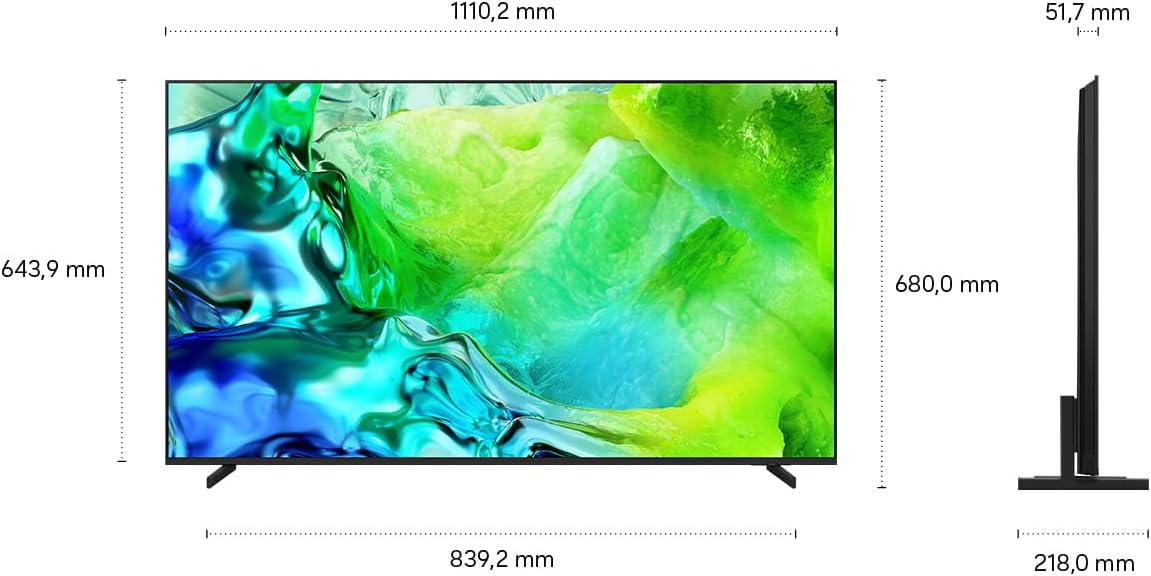 Il diagramma mostra le viste anteriore e laterale di un televisore con misure precise in millimetri.