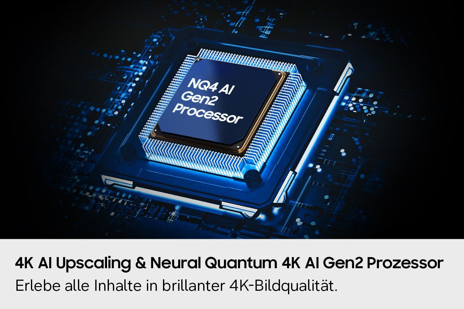 Un processore blu NQ4 AI Gen2 su un circuito stampato scuro con testo sull'upscaling 4K.