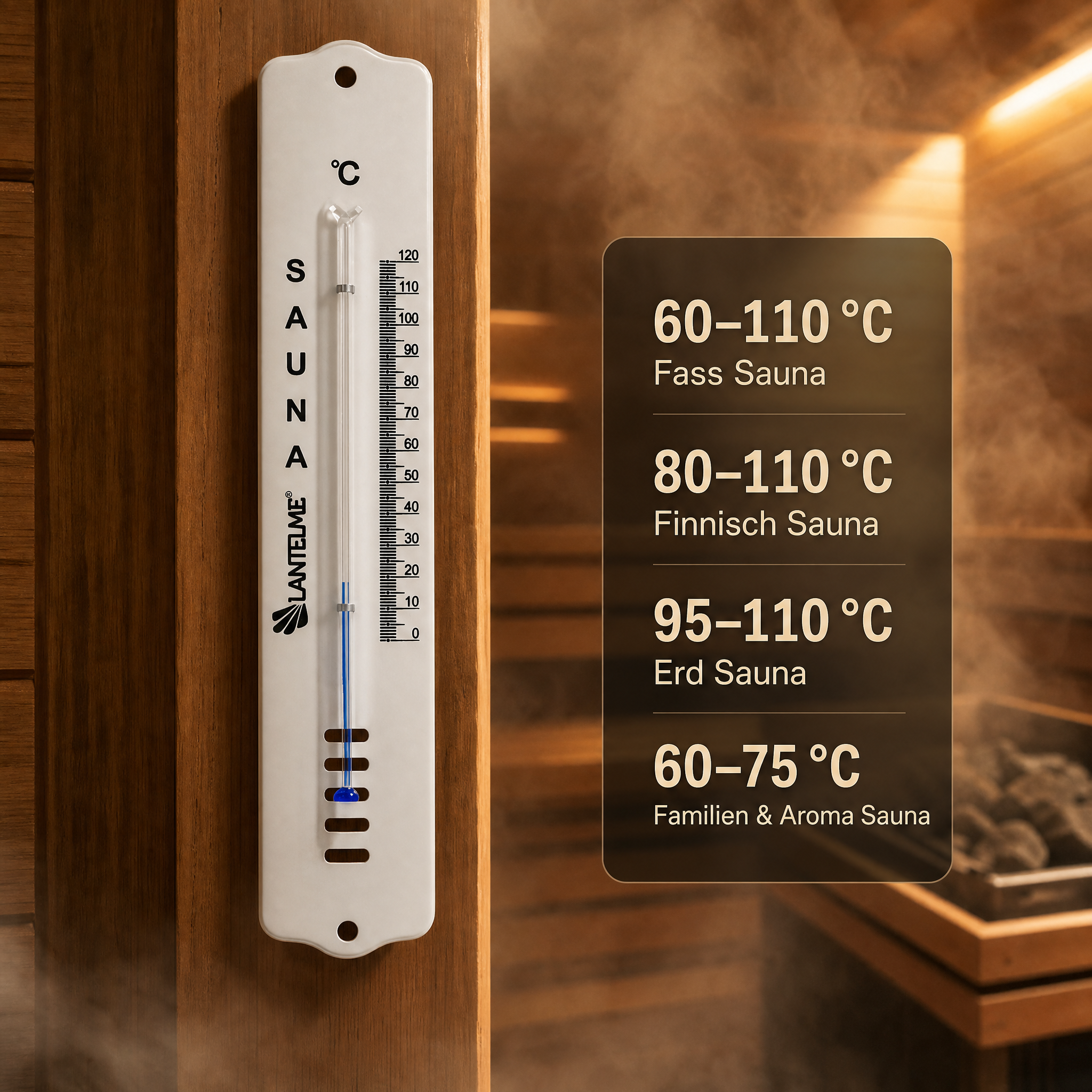Ein weißes Saunathermometer an einer Holzwand zeigt Temperaturen mit einem Infofeld für verschiedene Saunatypen.
