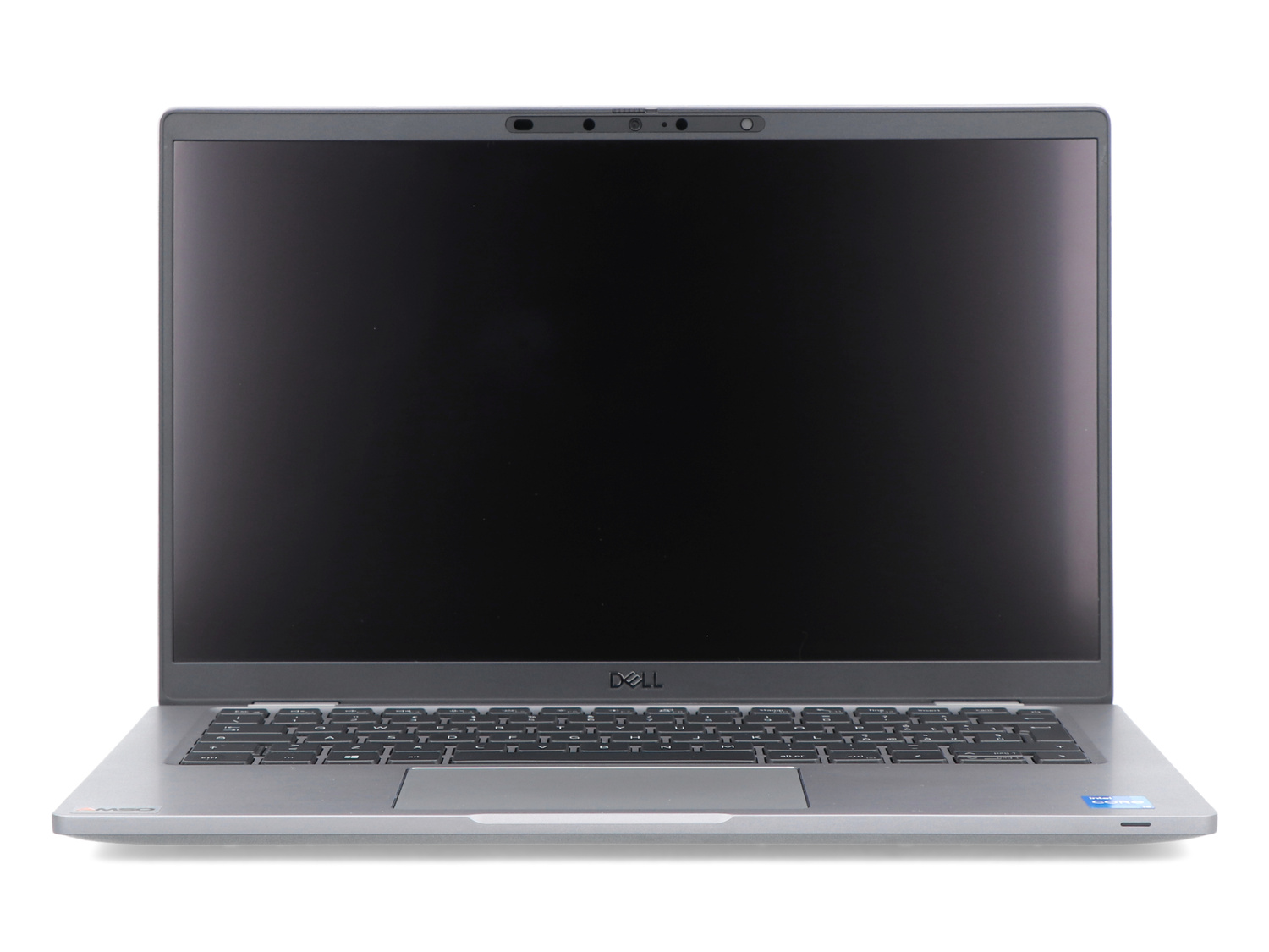 Szary laptop Dell z ciemnym ekranem i klawiaturą na białym tle.