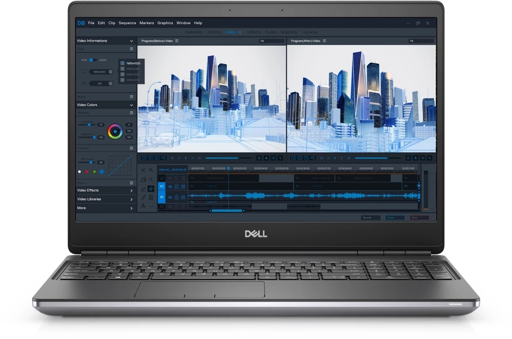 Czarny laptop Dell wyświetla oprogramowanie do montażu wideo z niebieskim pejzażem.