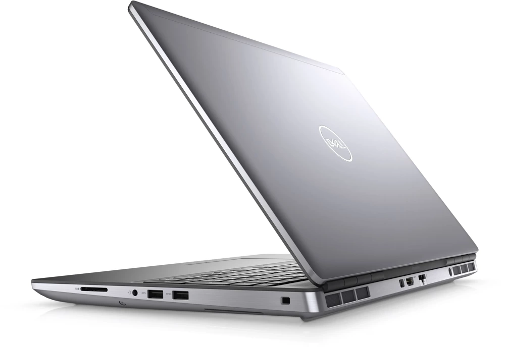 Srebrny laptop Dell w lekko otwartej pozycji, sfotografowany pod kątem z tyłu na białym tle.