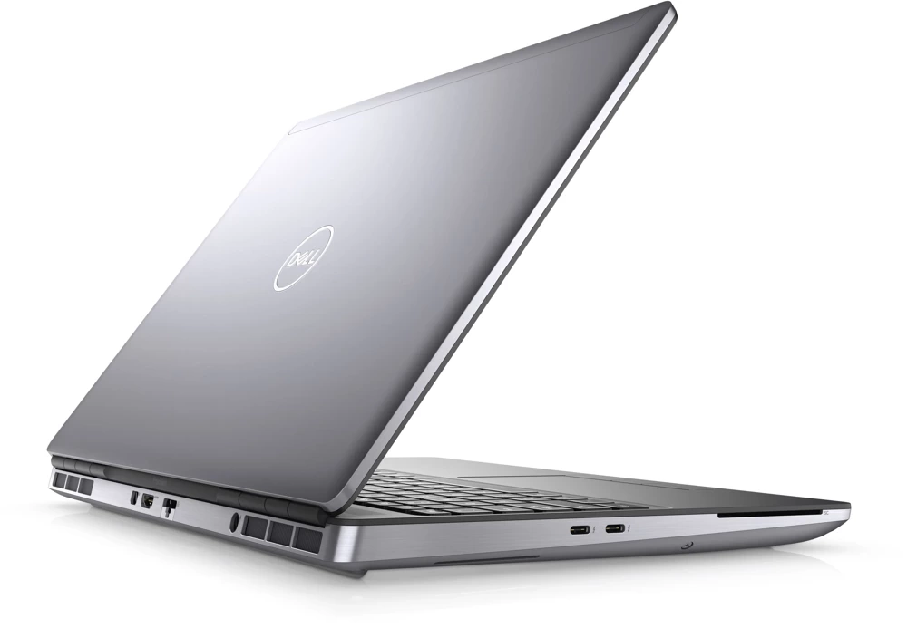 Srebrny laptop Dell na białym tle, pokazany od tyłu, prezentujący porty i obudowę.