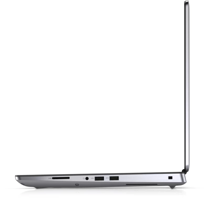 Widok z boku zamkniętego srebrnego laptopa z widocznymi portami.