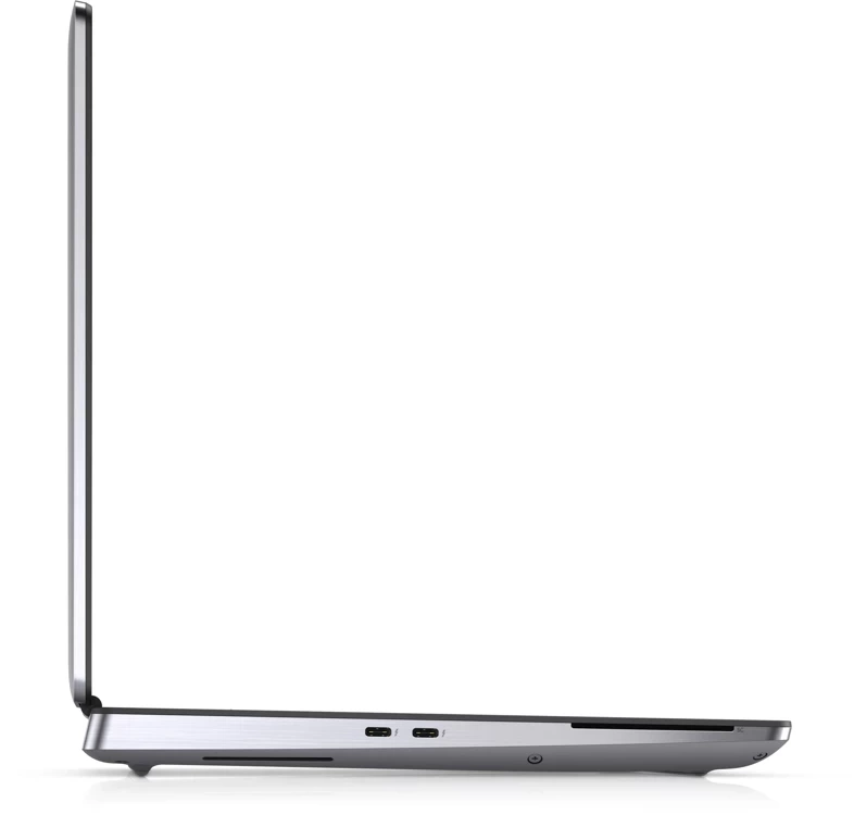 Widok z lewego profilu zamkniętego srebrnego laptopa z widocznymi portami USB-C na białym tle.