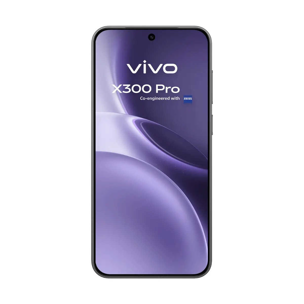 Ein Vivo X300 Pro Smartphone mit violettem Hintergrund, weißem Logo und Zeiss-Schriftzug auf dem Display.