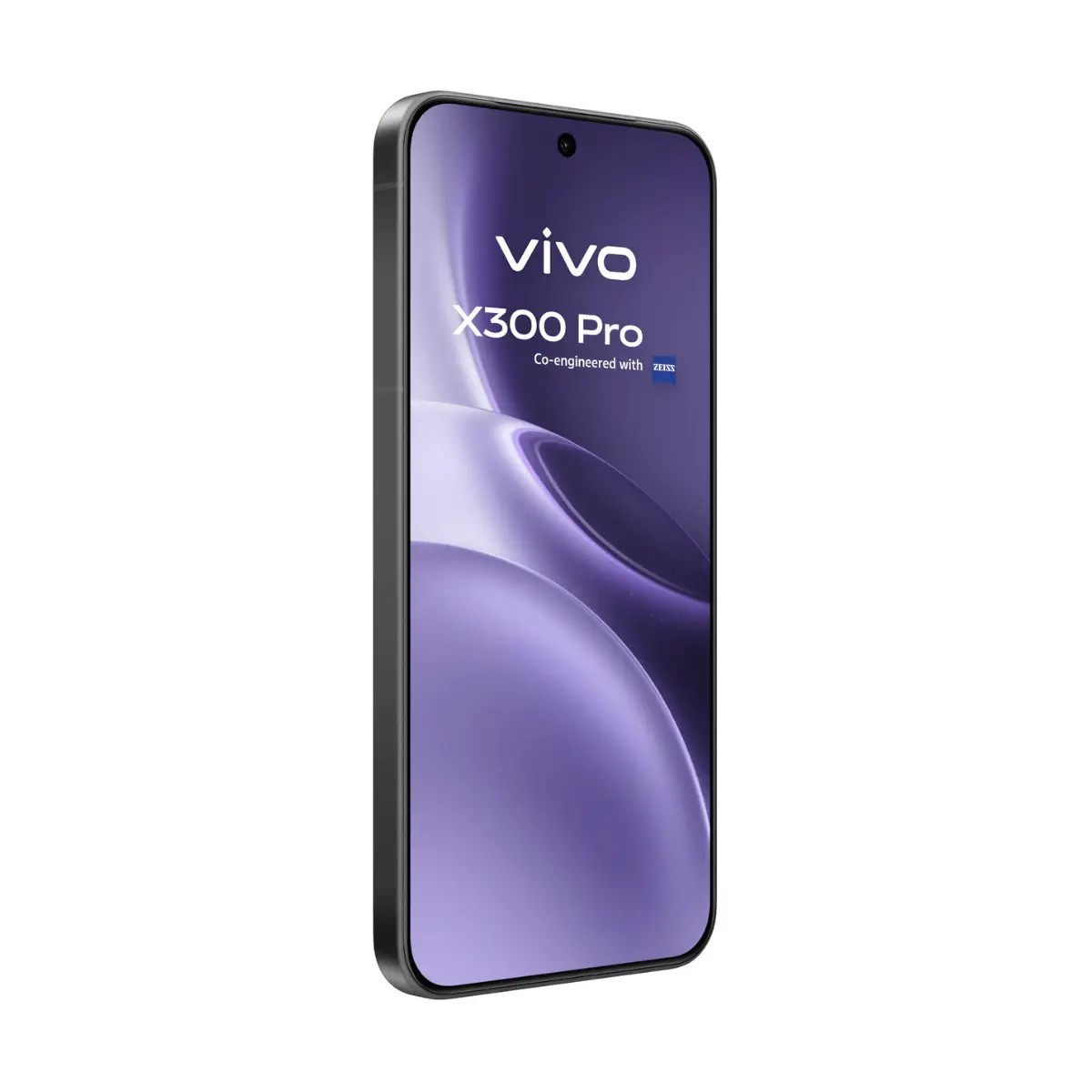 Ein schwarzes Vivo X300 Pro Smartphone mit einem lila Display auf weißem Hintergrund.