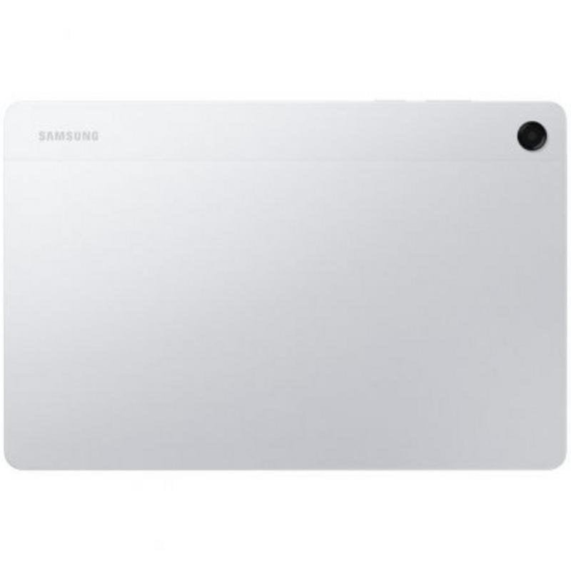 La parte trasera de una tableta Samsung plateada con una cámara arriba a la derecha.