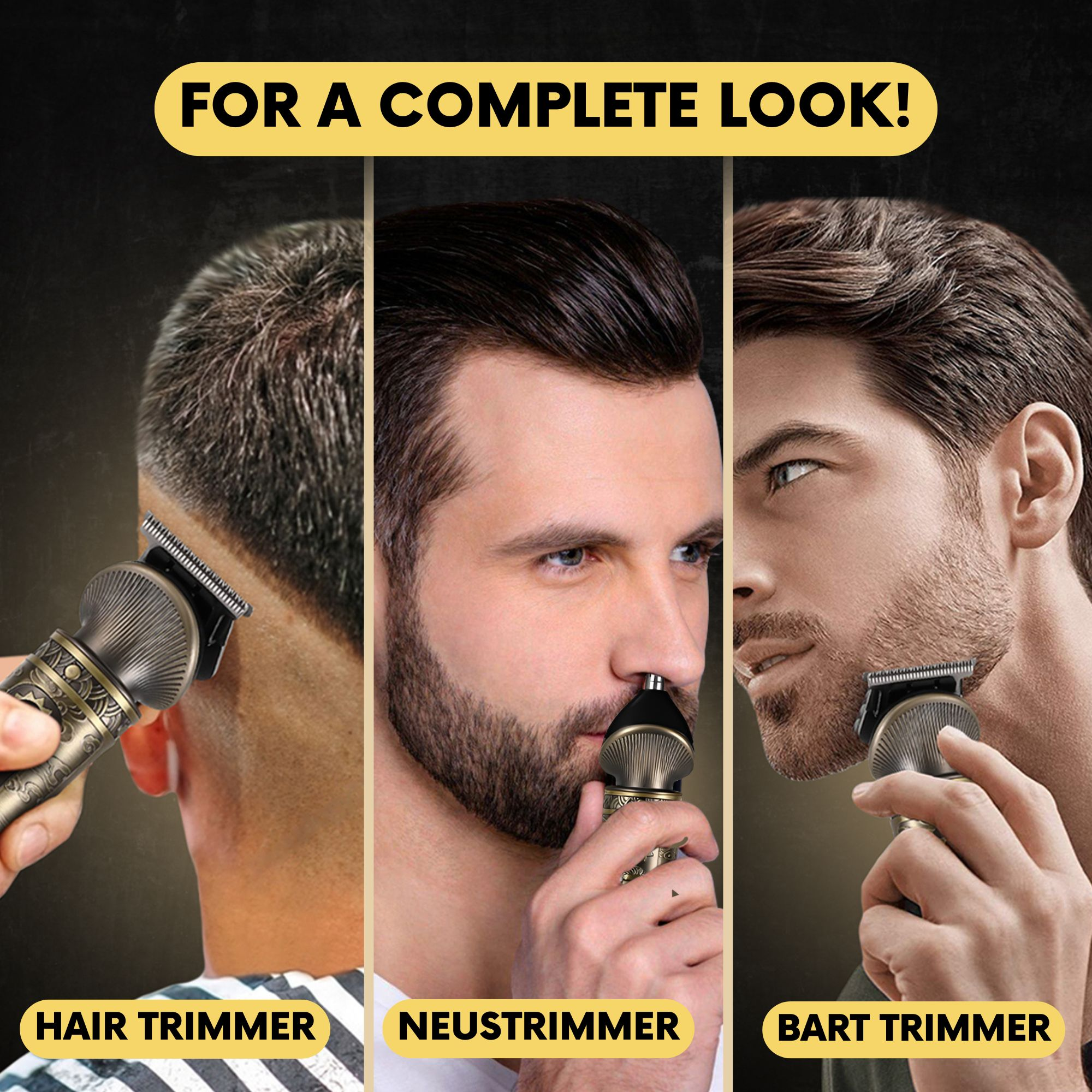 Een man gebruikt een multifunctionele trimmer voor haar, neus en baard om verschillende stijlen te creëren.