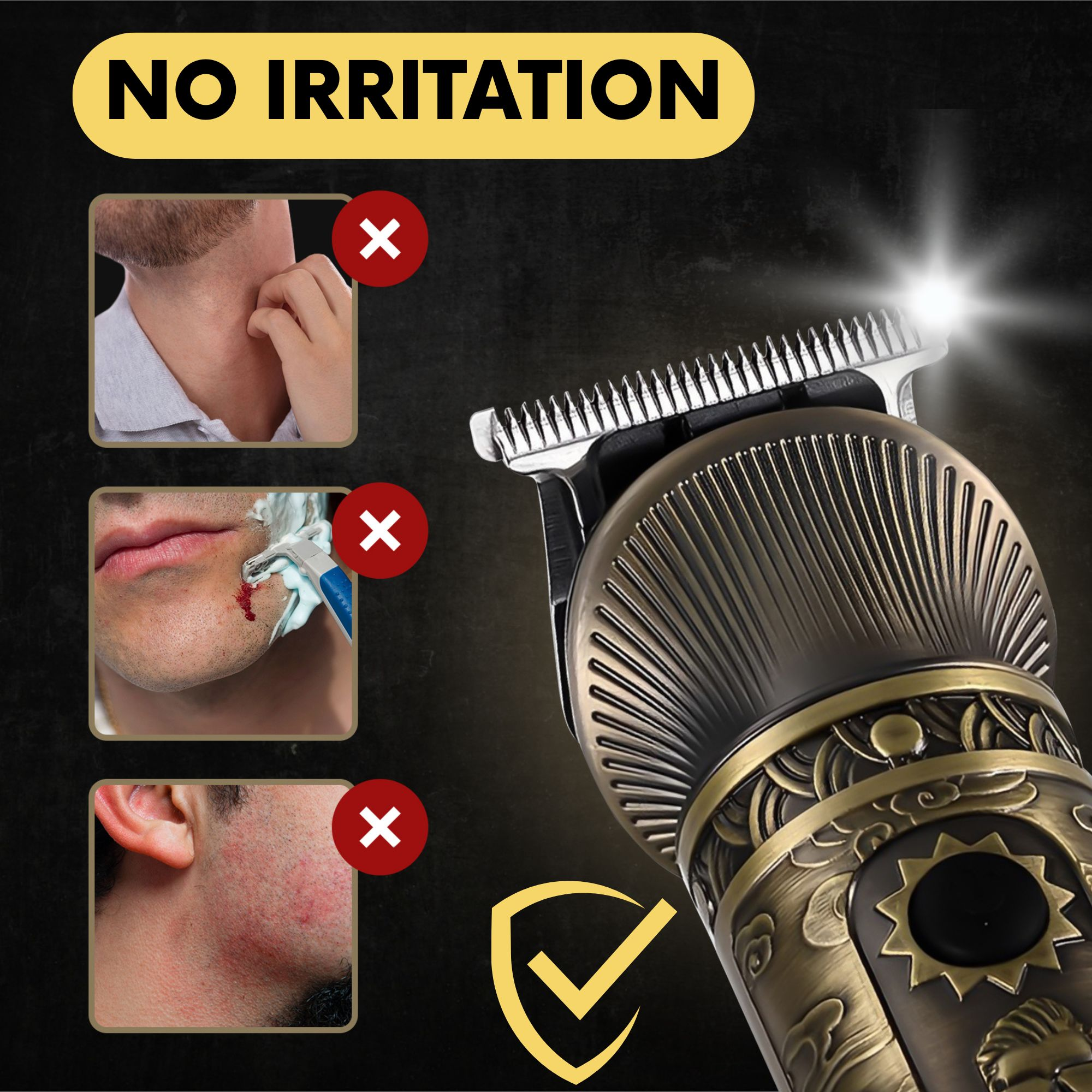 Tondeuse à barbe dorée à côté d'images montrant des irritations et des coupures.