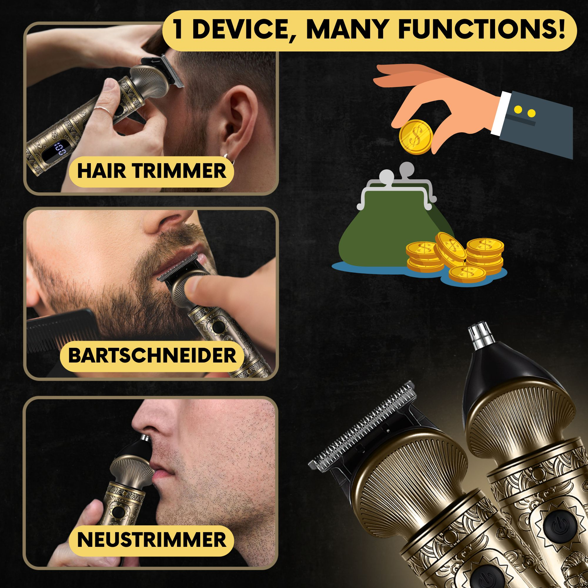Publicité pour une tondeuse polyvalente cheveux, barbe et nez, avec texte et illustration d'économies.