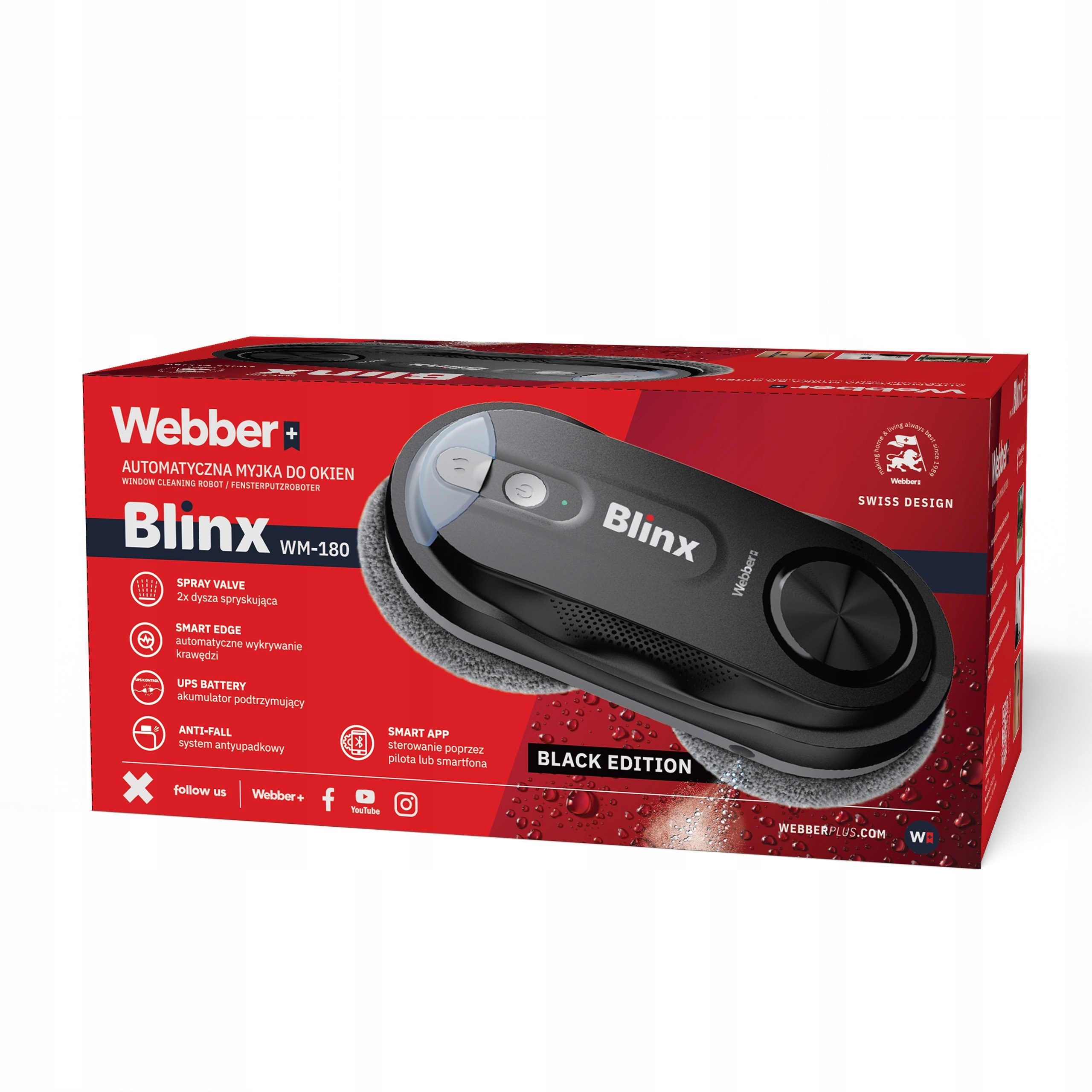 Opakowanie produktu robota do mycia okien Webber Blinx WM-180 w kolorze czerwonym i czarnym.