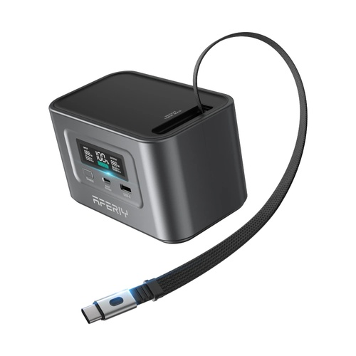 Szary power bank z cyfrowym wyświetlaczem, portami i zwijanym kablem.