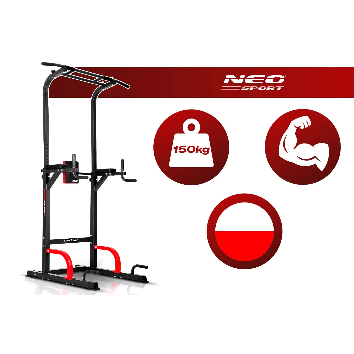 Czarny wyciąg z czerwonymi akcentami, udźwig 150 kg i logo Neo Sport.