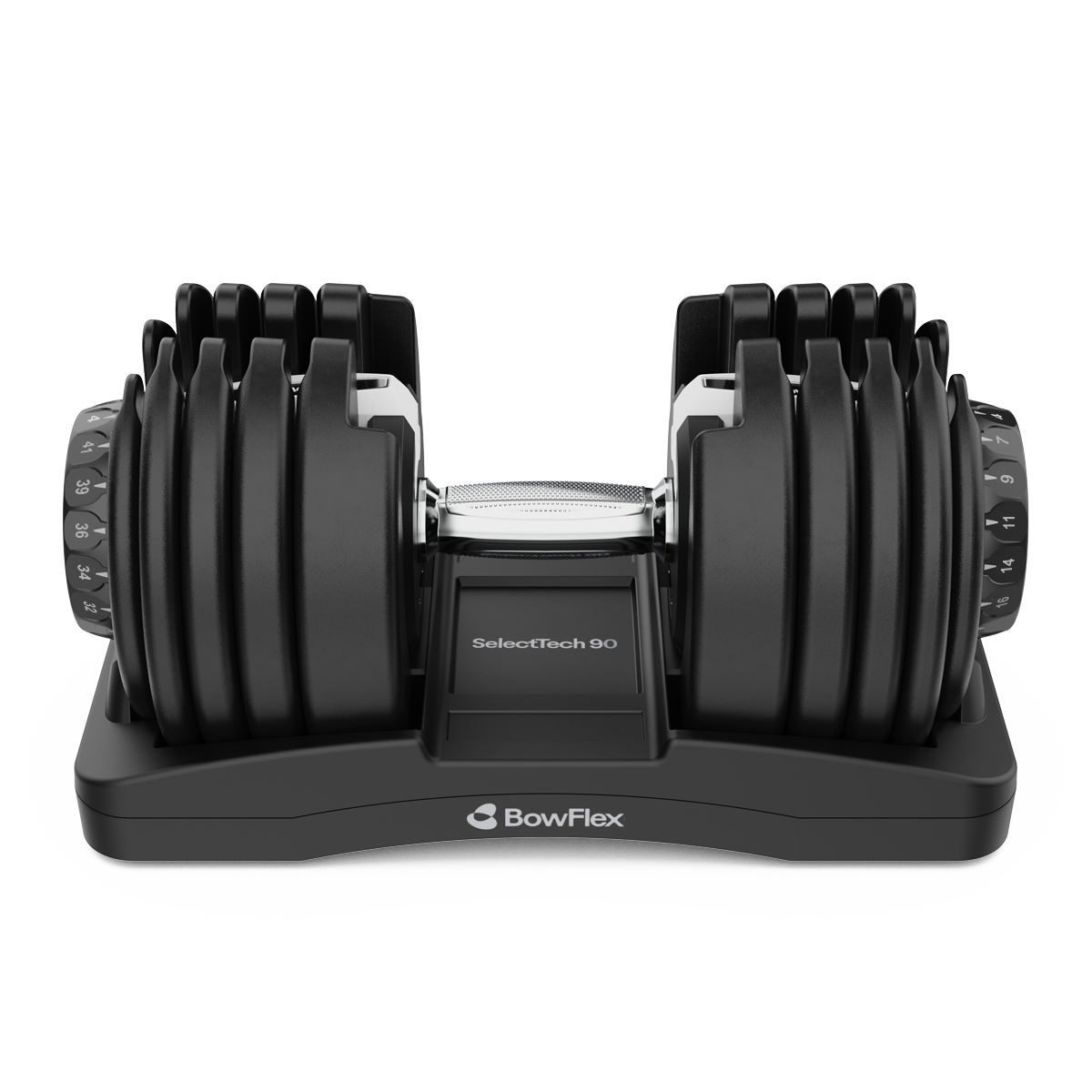 Eine verstellbare Bowflex SelectTech 90 Hantel in Schwarz mit silbernem Griff auf einem Ständer vor schwarzem Hintergrund.