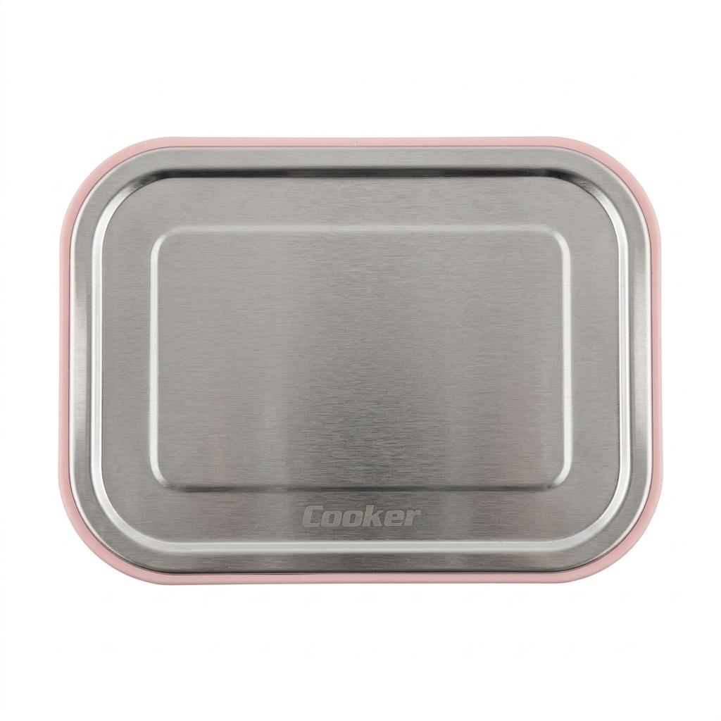 Pembe kenarlı ve altında Cooker yazısı olan dikdörtgen paslanmaz çelik beslenme kutusu kapağı.