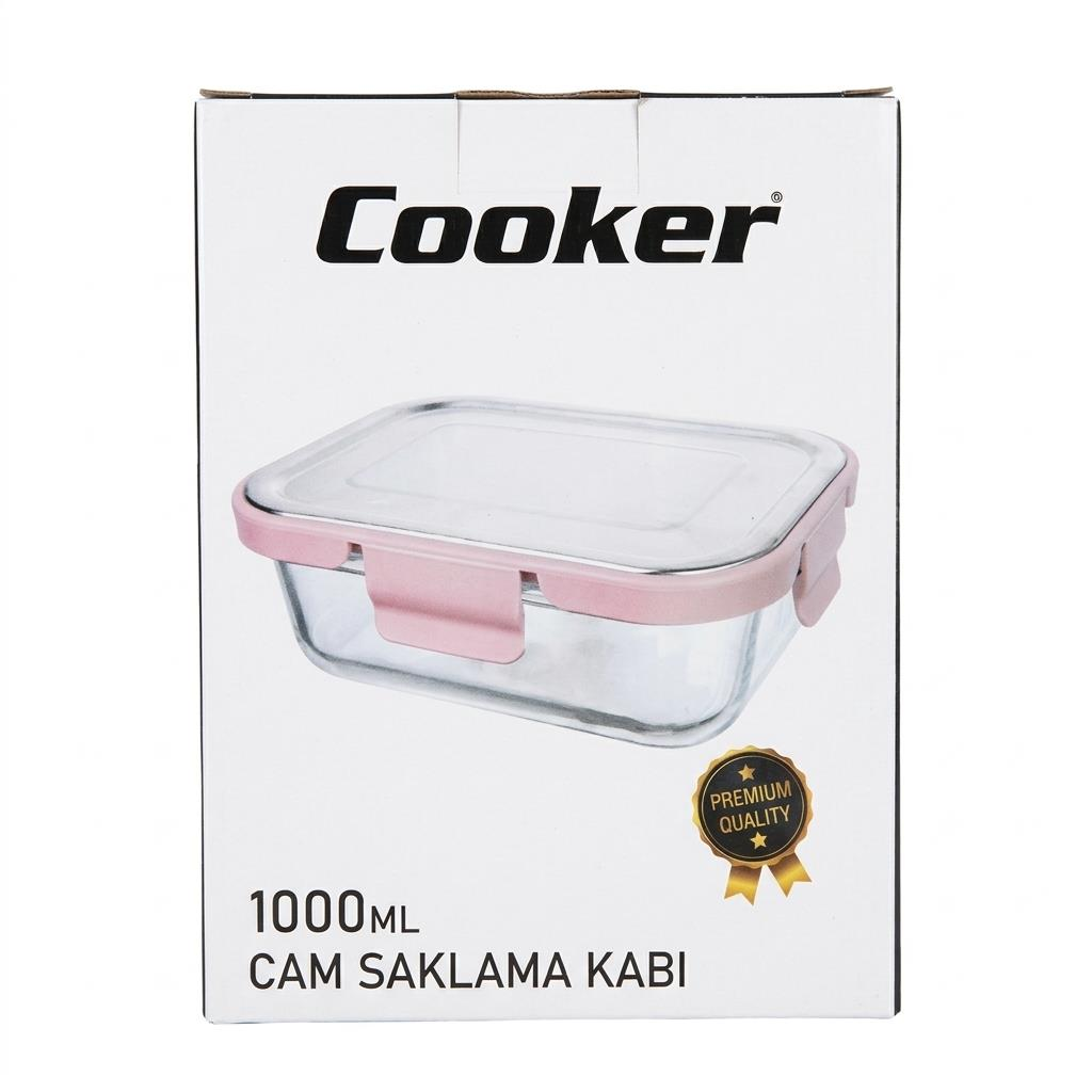 Pembe kapaklı ve premium kalite mühürlü Cooker 1000ml cam saklama kabı için beyaz ürün kutusu.