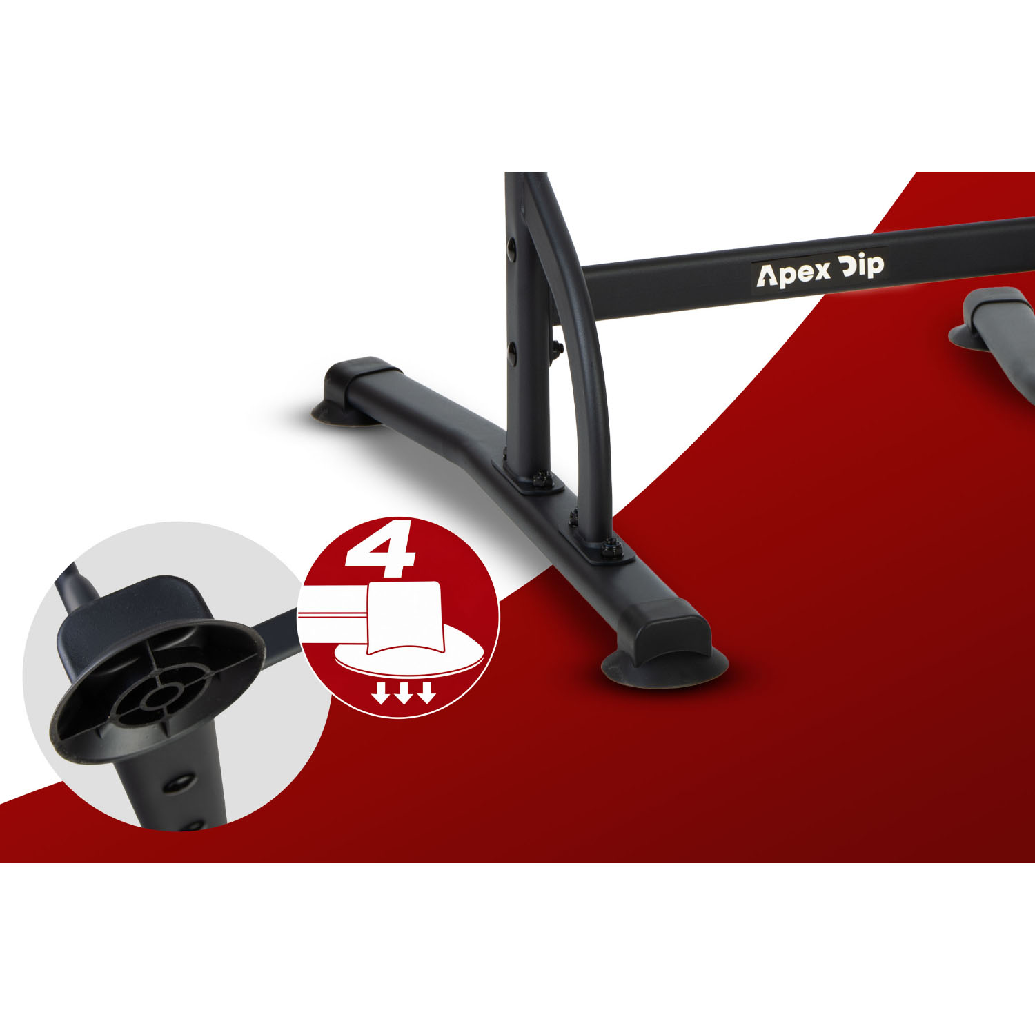 Czarny sprzęt fitness Apex Dip z przyssawkami na czerwono-białym tle.