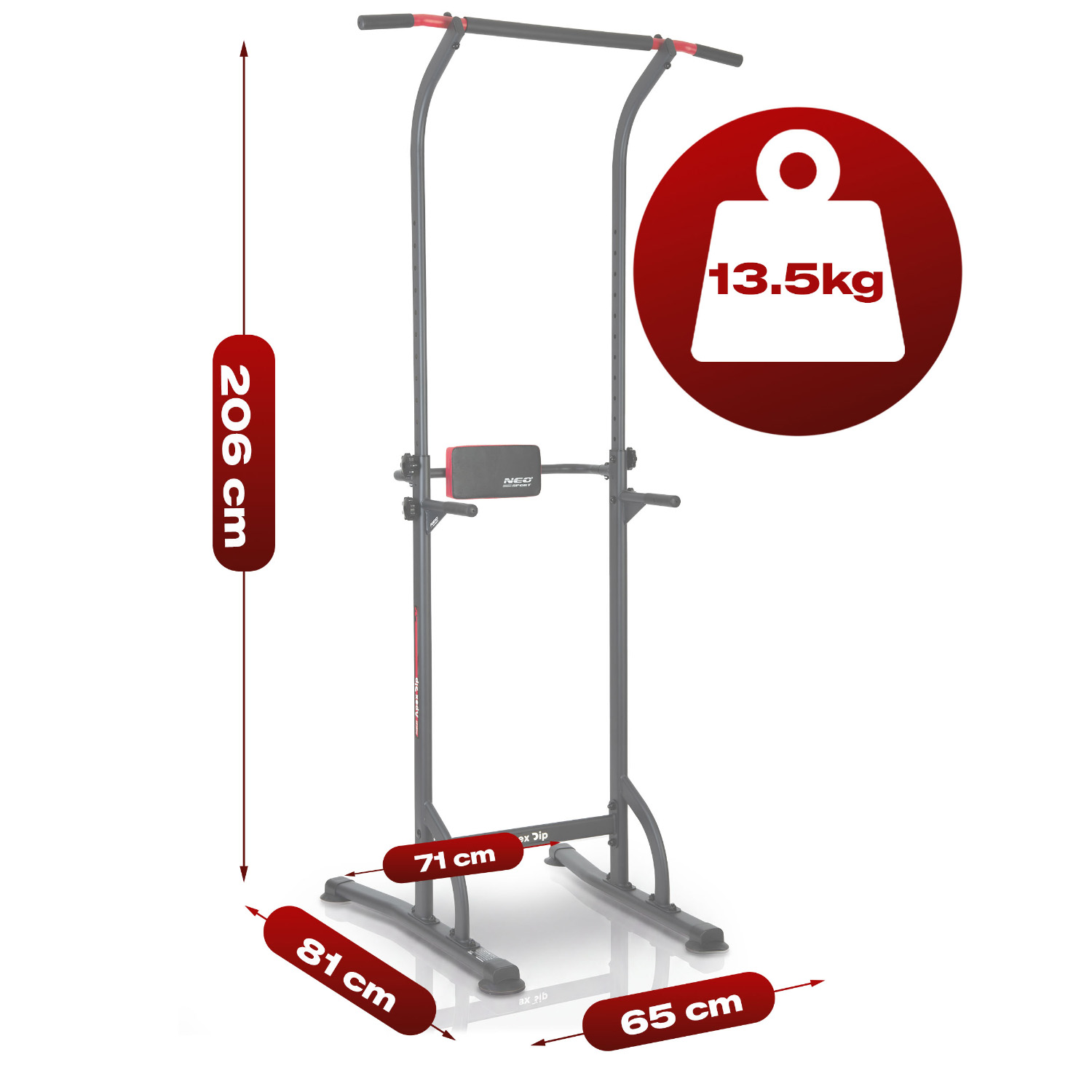 Szara stacja do podciągania o wymiarach 206x81x65 cm i wadze 13.5 kg.