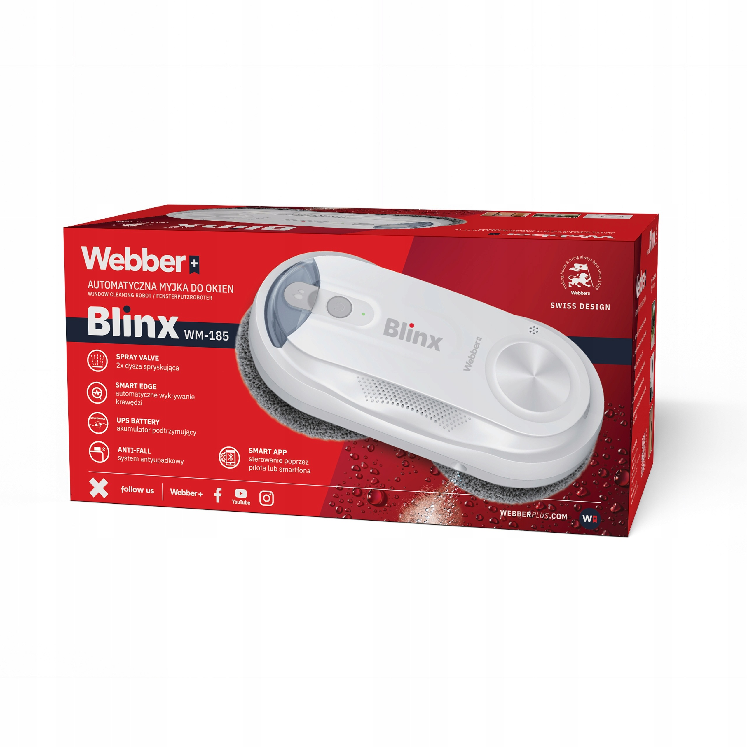 Czerwone opakowanie robota do mycia okien Webber Blinx WM-185 ze zdjęciem urządzenia.