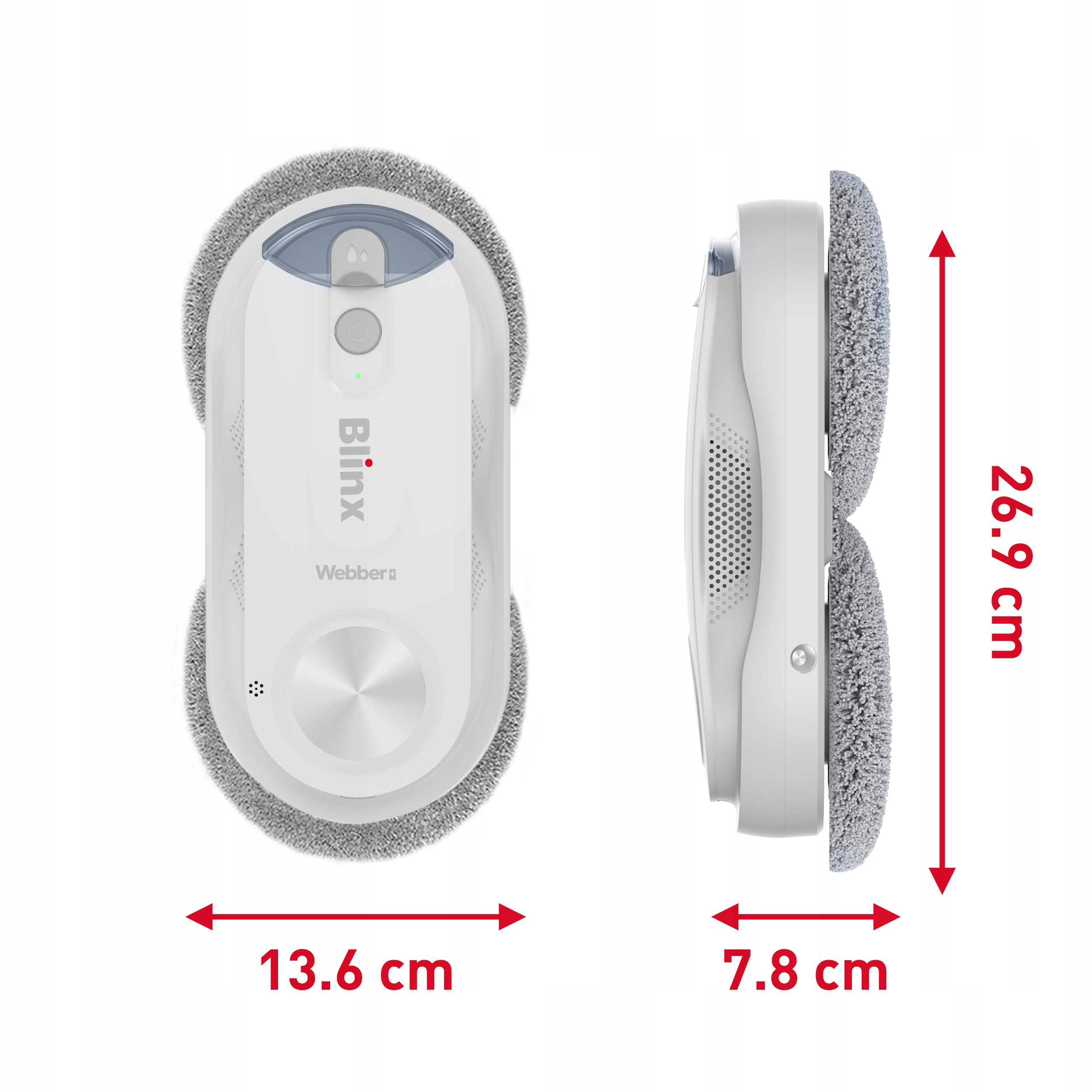Biały robot do mycia okien z przodu i z boku z wymiarami 26,9 cm, 13,6 cm i 7,8 cm.