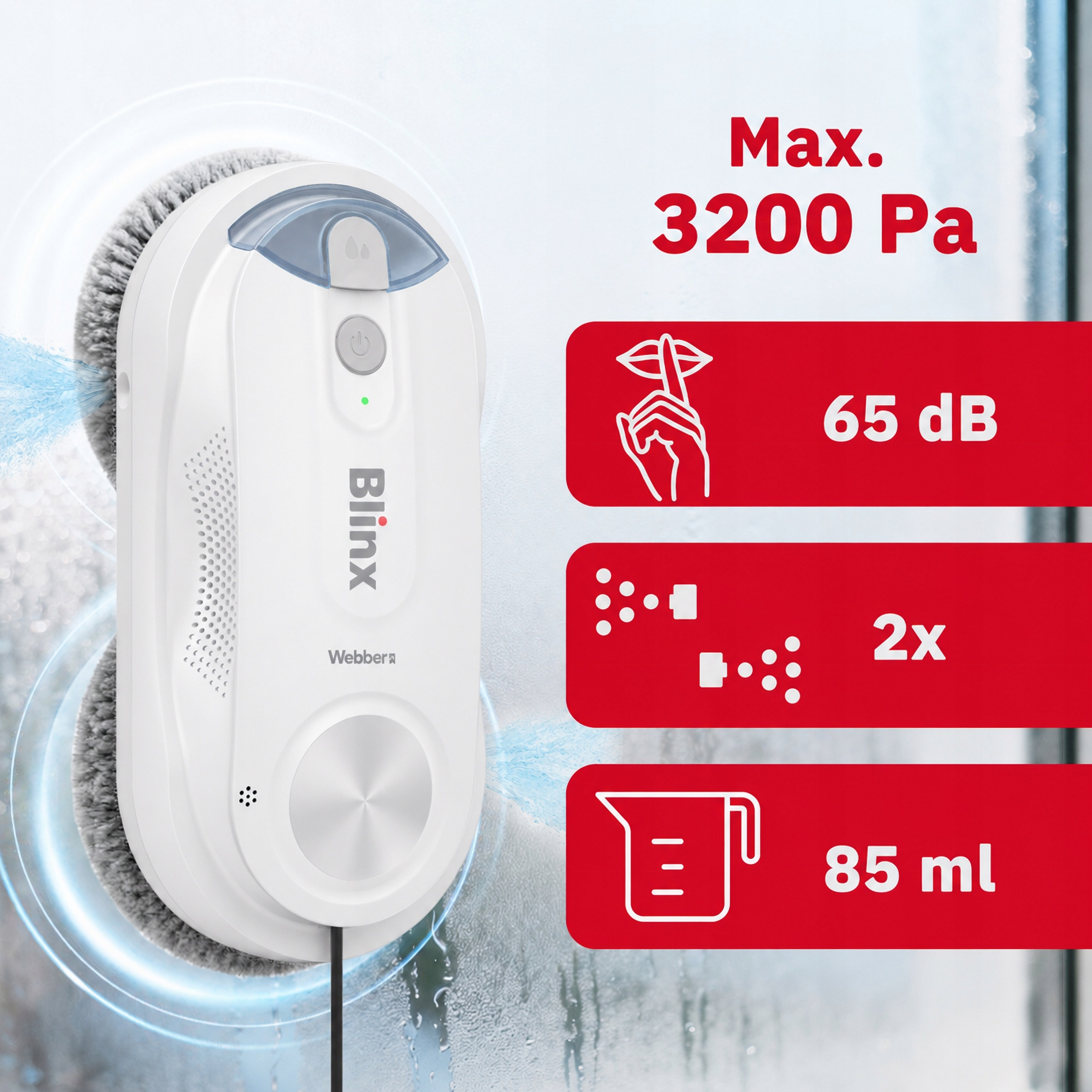 Biały robot do mycia okien czyszczący szybę wodą, z ikonami 3200 Pa i 65 dB.