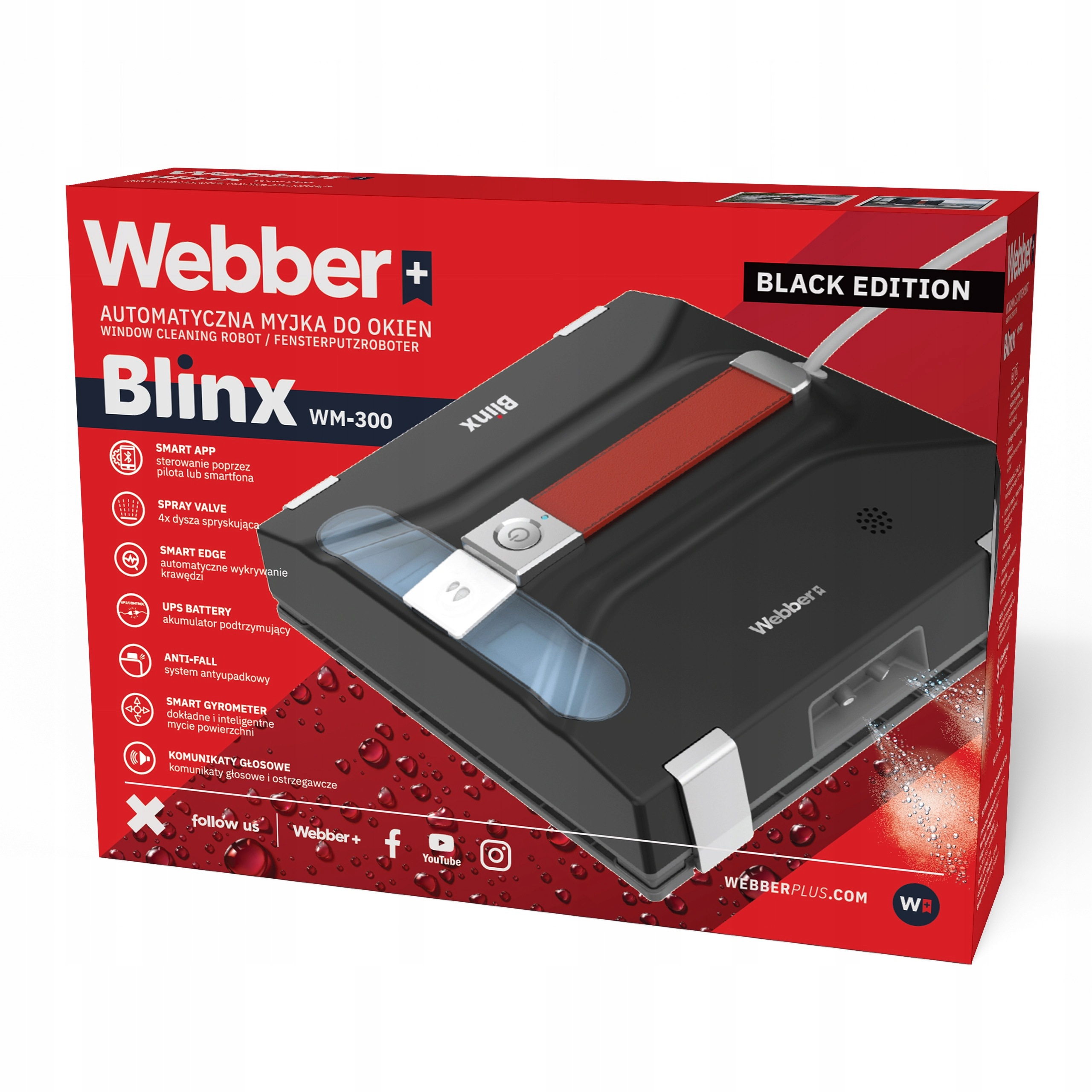 Czarny robot do mycia okien na czerwonym pudełku Webber Blinx WM-300 z cechami.