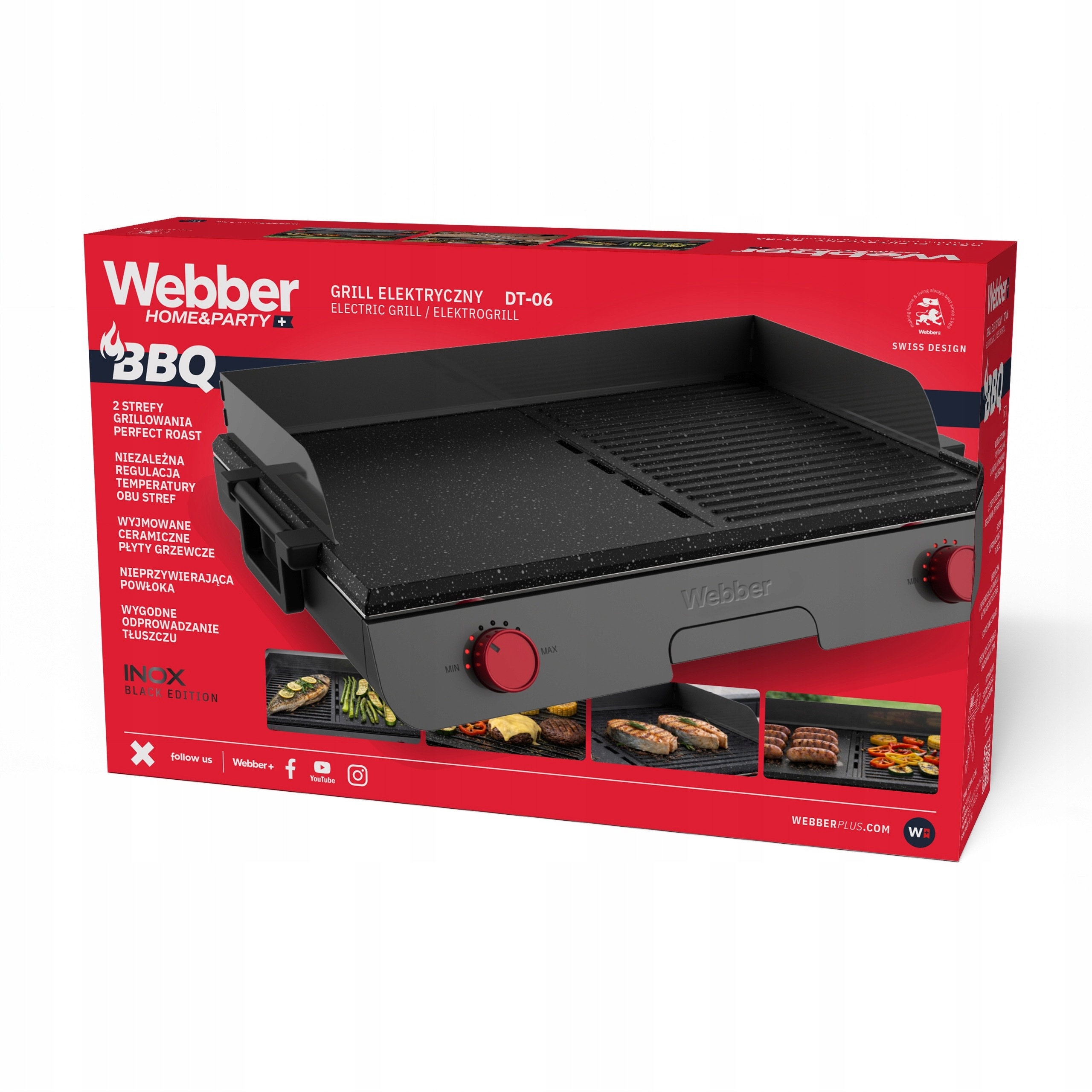 Czarny grill elektryczny Webber stoi przed swoim jaskrawo czerwonym pudełkiem.
