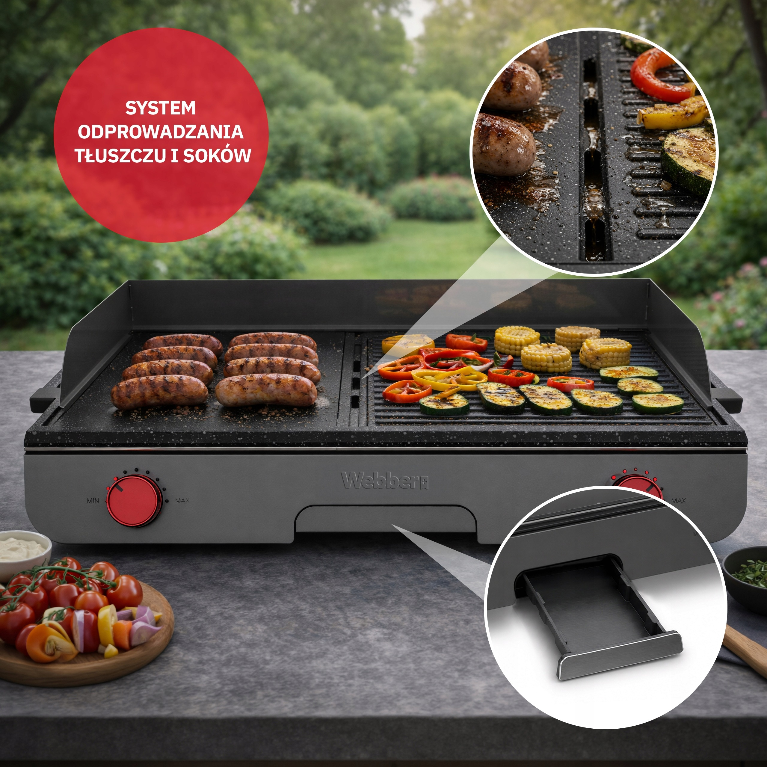 Elektryczny grill ogrodowy z kiełbaskami, warzywami i tacką na tłuszcz.