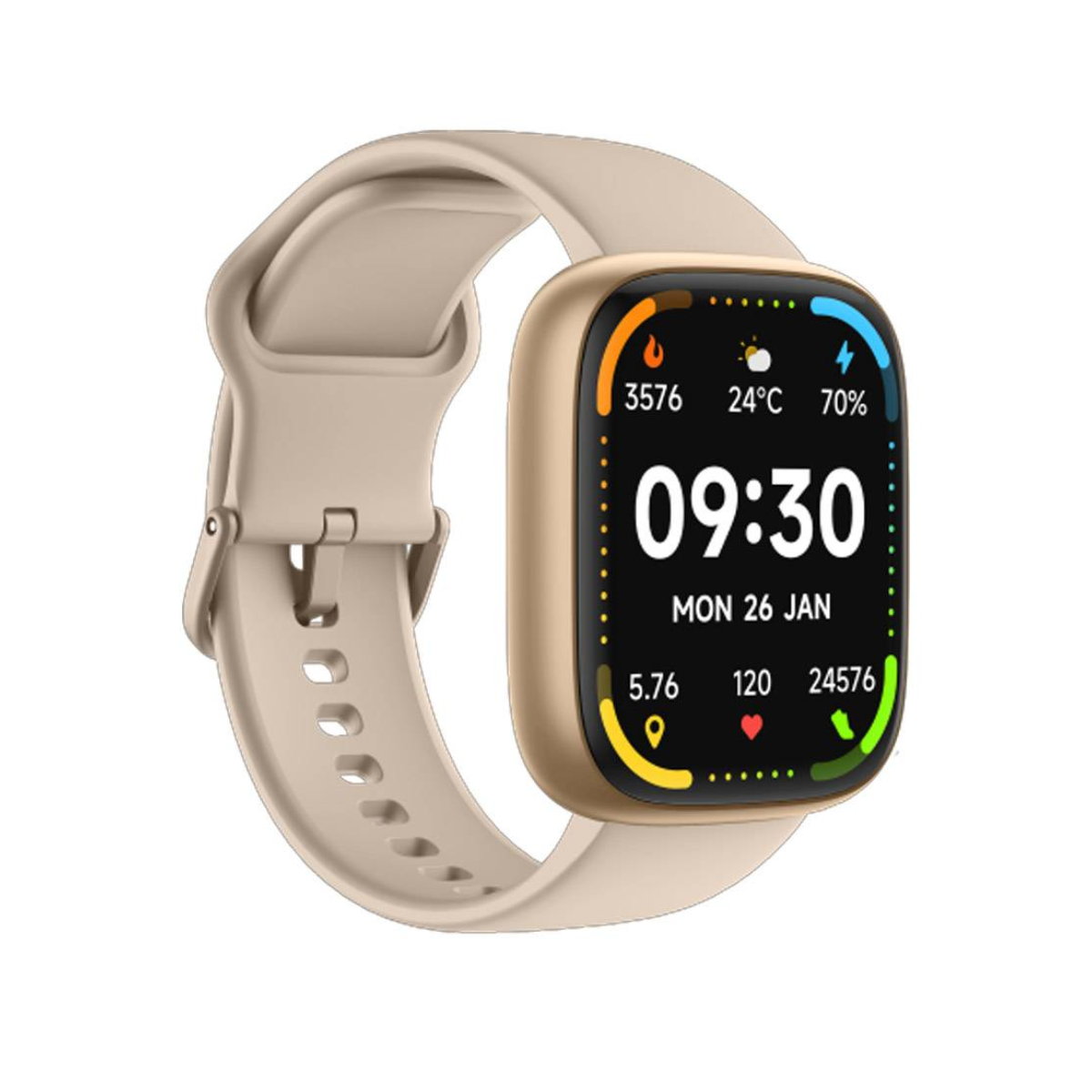 Beżowy smartwatch pokazuje 09:30, pogodę 24°C, baterię 70% i dane fitness.