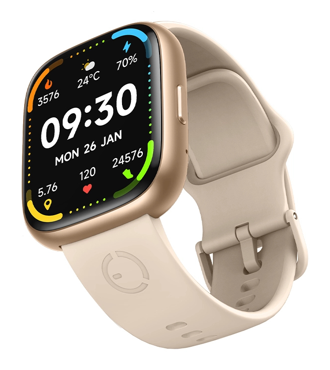 Różowozłoty smartwatch z beżowym paskiem wyświetla godzinę, datę i dane o kondycji.