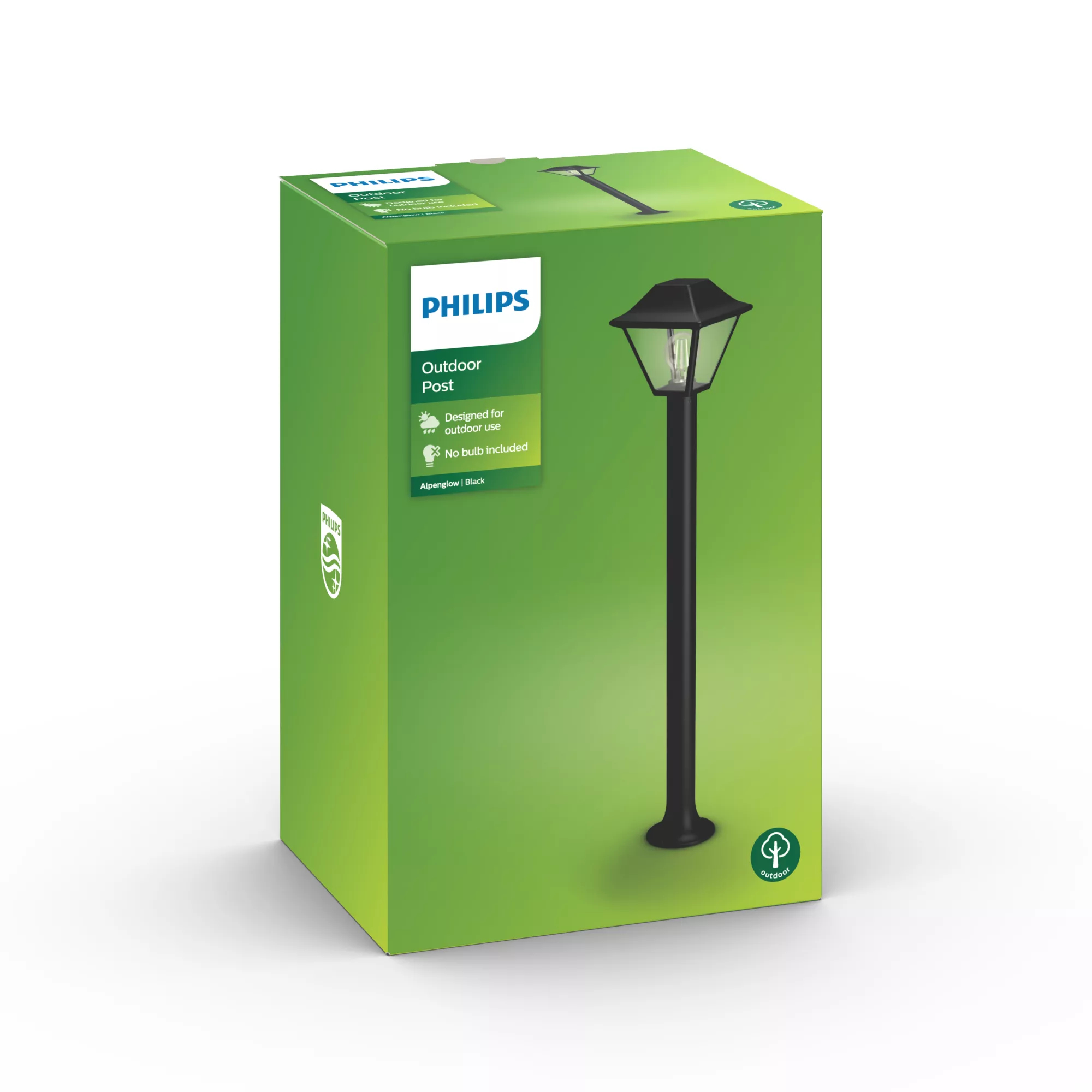 Grüne Produktverpackung einer schwarzen Philips Outdoor-Wegeleuchte.