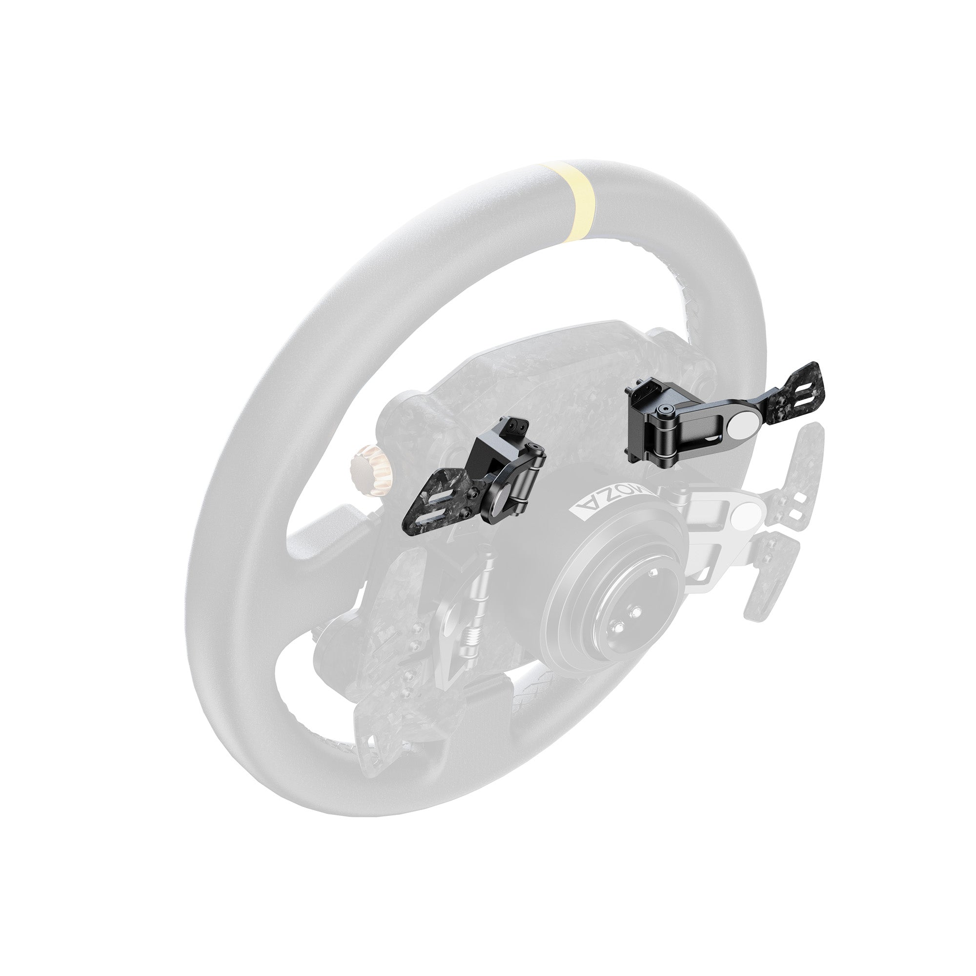 Deux palettes de changement de vitesse noires fixées sur un volant semi-transparent sur fond blanc.