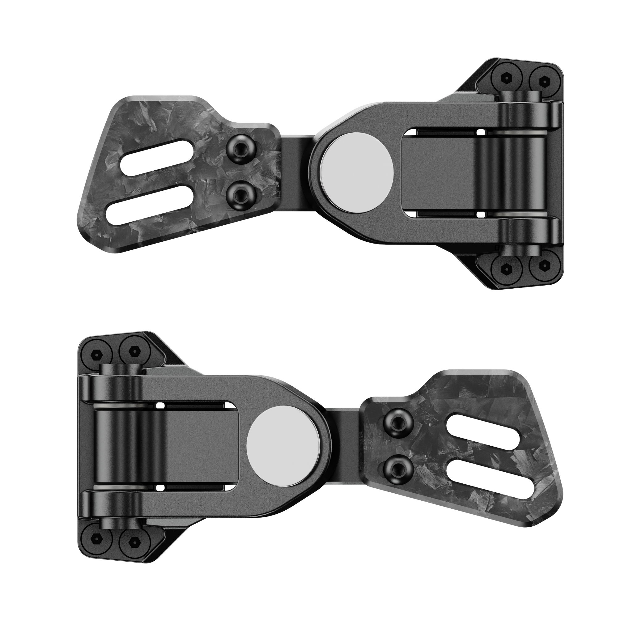 Deux charnières en métal noir avec sections en fibre de carbone et vis hexagonales sur fond blanc.