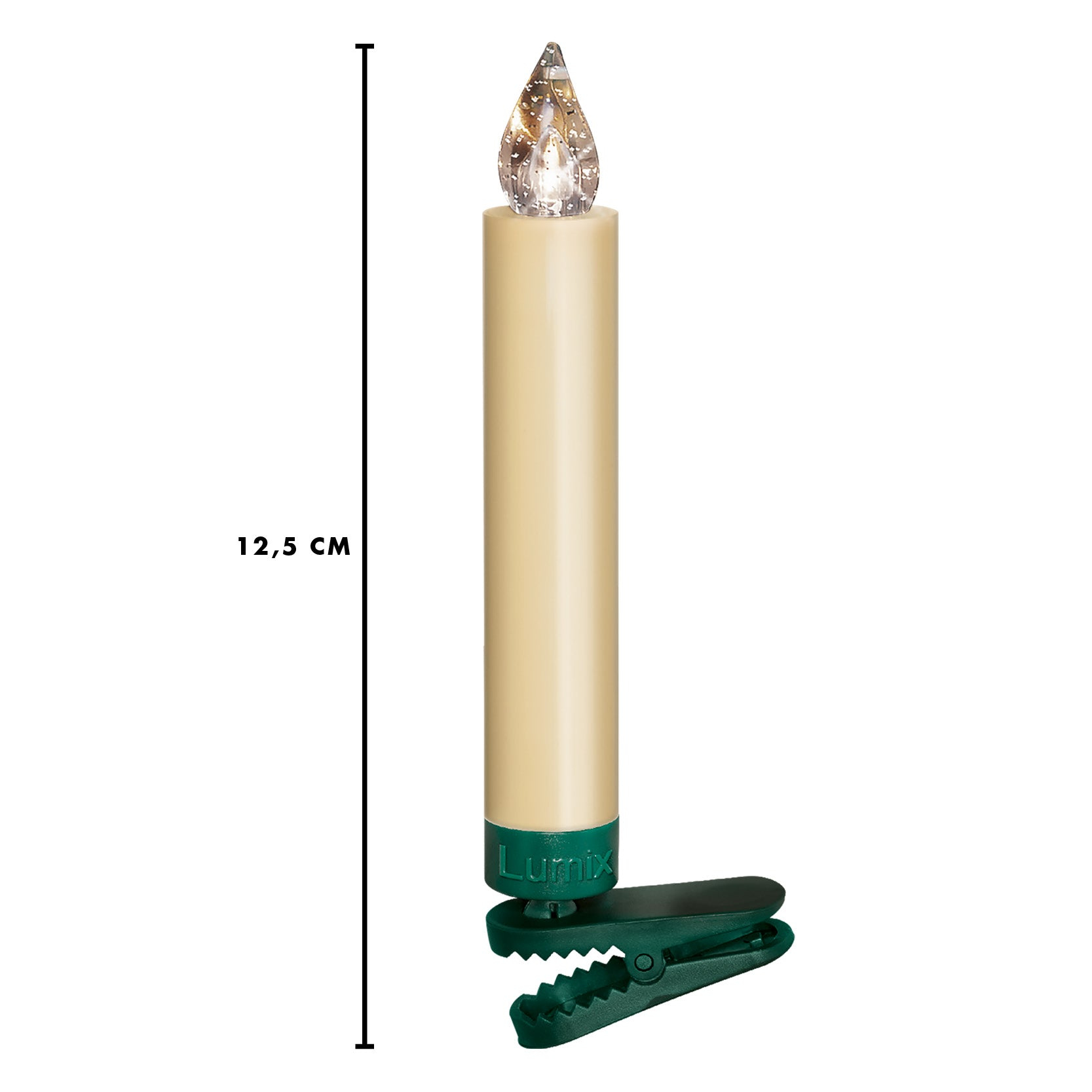 Eine cremefarbene LED-Kerze mit grünem Clip und 12,5 cm Höhe vor weißem Hintergrund.