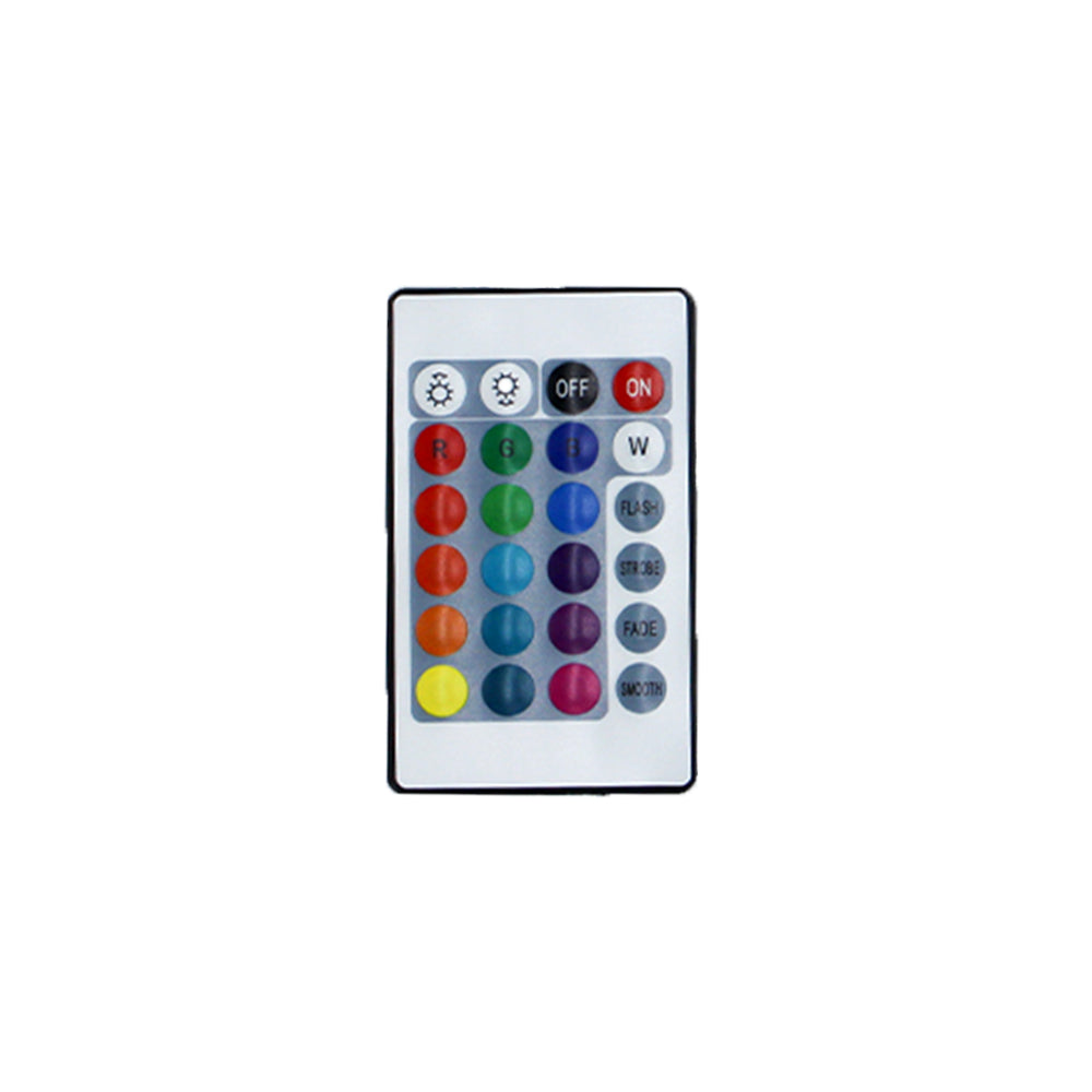 Un telecomando LED bianco con pulsanti colorati per colori RGB e modalità di illuminazione.
