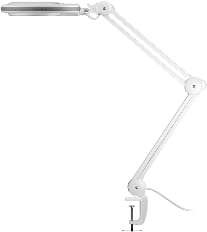 Eine weiße Schreibtischlampe mit Gelenkarm und Tischklemme auf weißem Hintergrund.