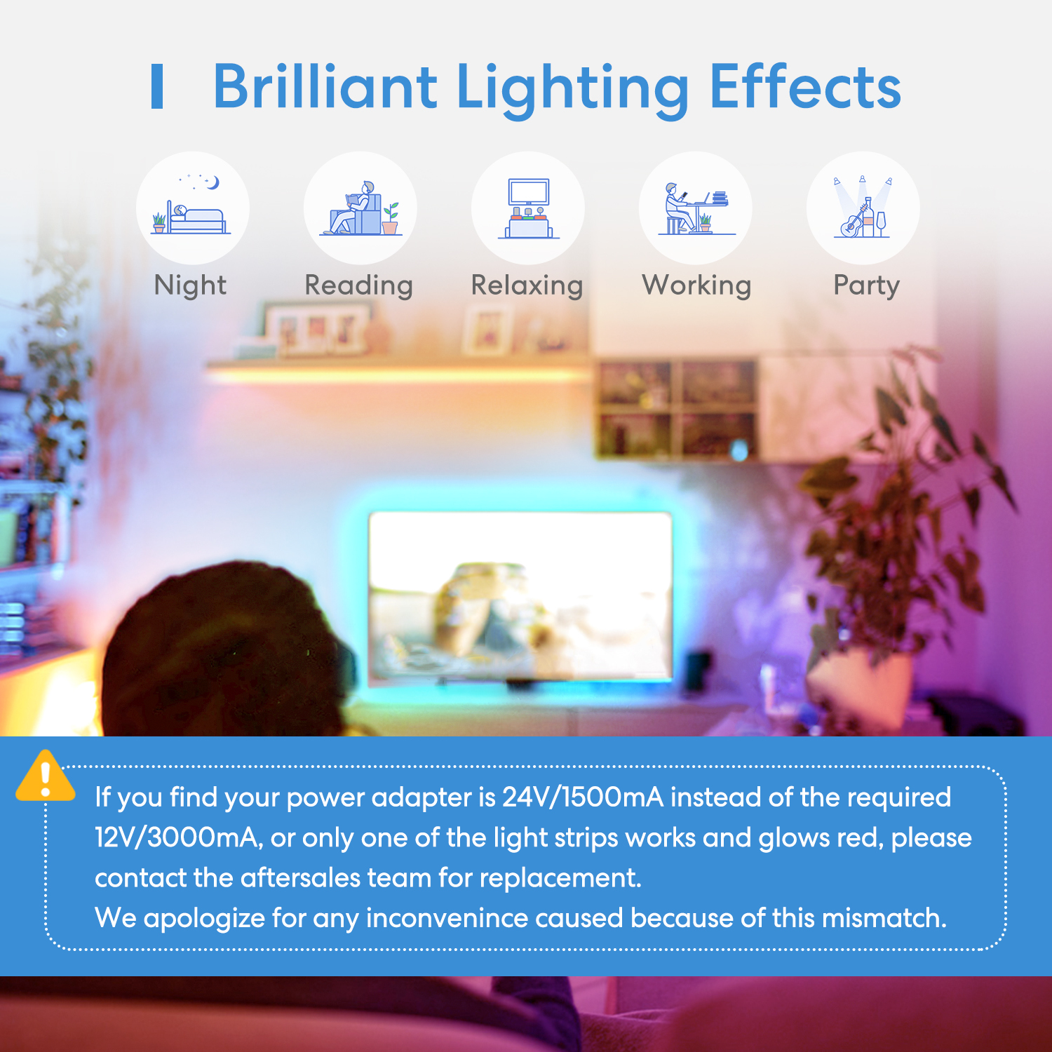 Modos de iluminación variados como noche, lectura, relax, trabajo y fiesta, con aviso de adaptador de corriente.