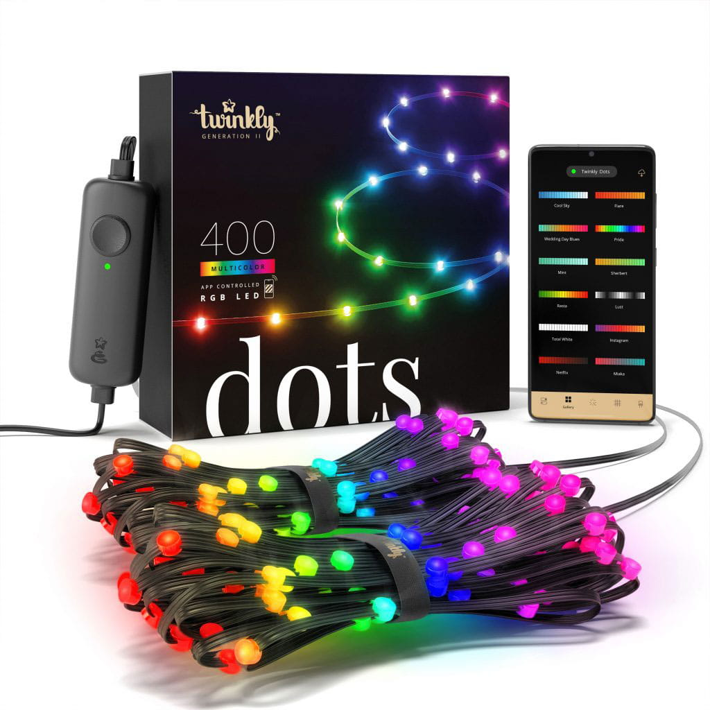 Twinkly Dots RGB LED-lichtsnoer met productdoos en smartphone met besturingsapp.