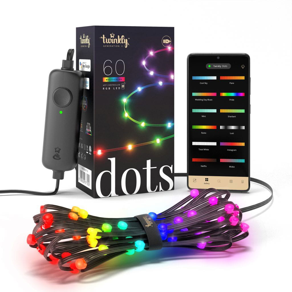 Łańcuch świetlny LED Twinkly Dots z opakowaniem, kontrolerem i smartfonem z aplikacją sterującą.