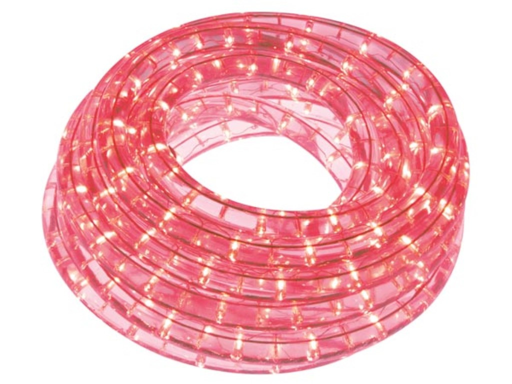 Una bobina di tubo luminoso a LED rosa su sfondo bianco.