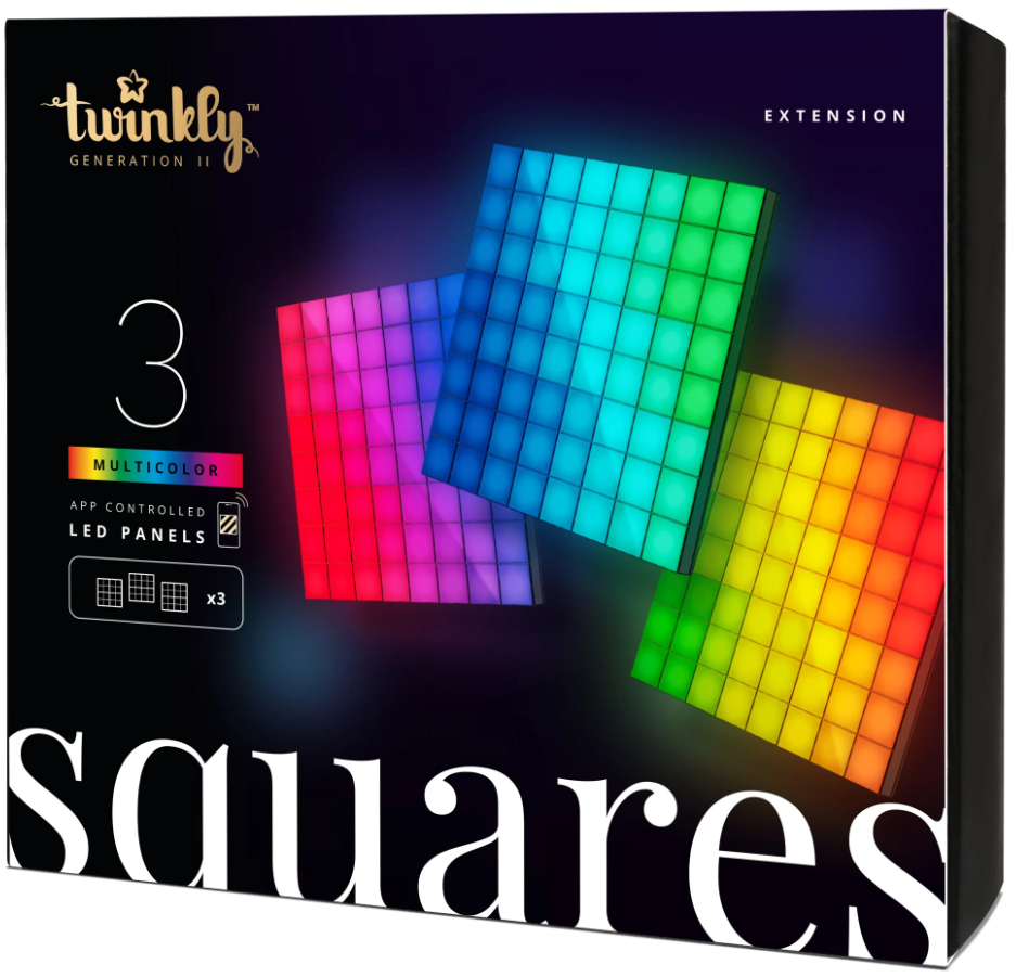 Confezione per pannelli LED Twinkly Squares, con tre griglie luminose multicolori su sfondo nero.