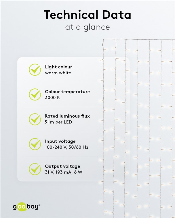 Scheda tecnica per luci LED bianco caldo con temperatura di colore, flusso luminoso, tensione e potenza.